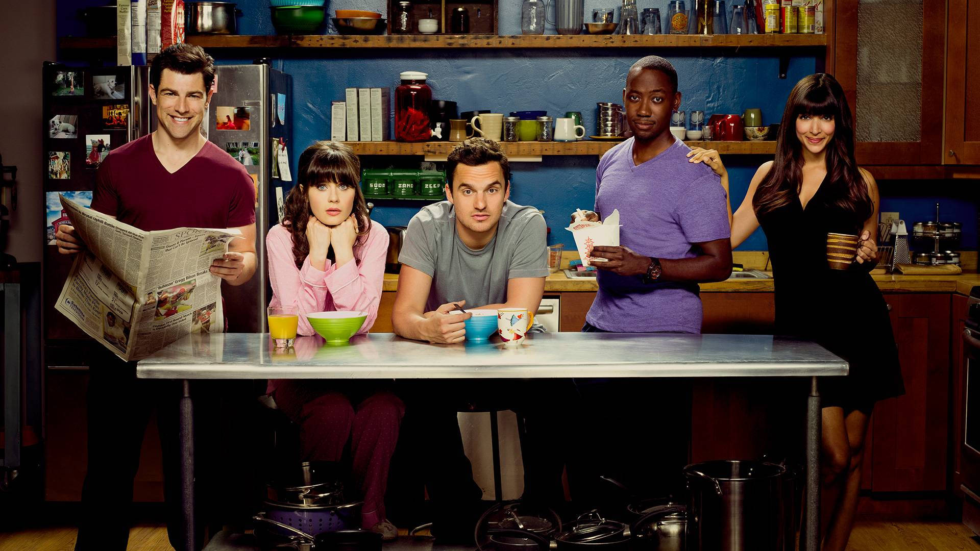 Sitcom New Girl's Cast Behind Apartment's Kitchen