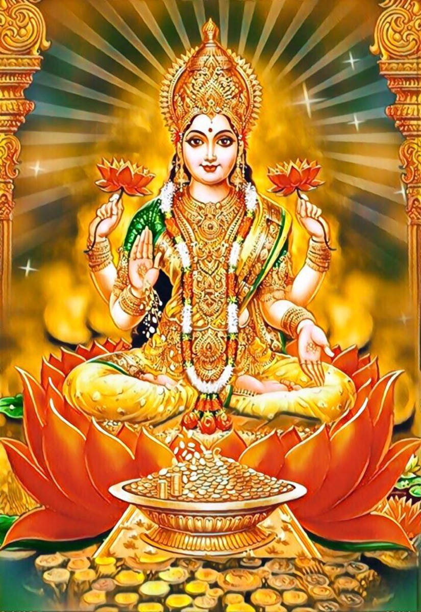 Sitting And Glowing Lakshmi Devi Background