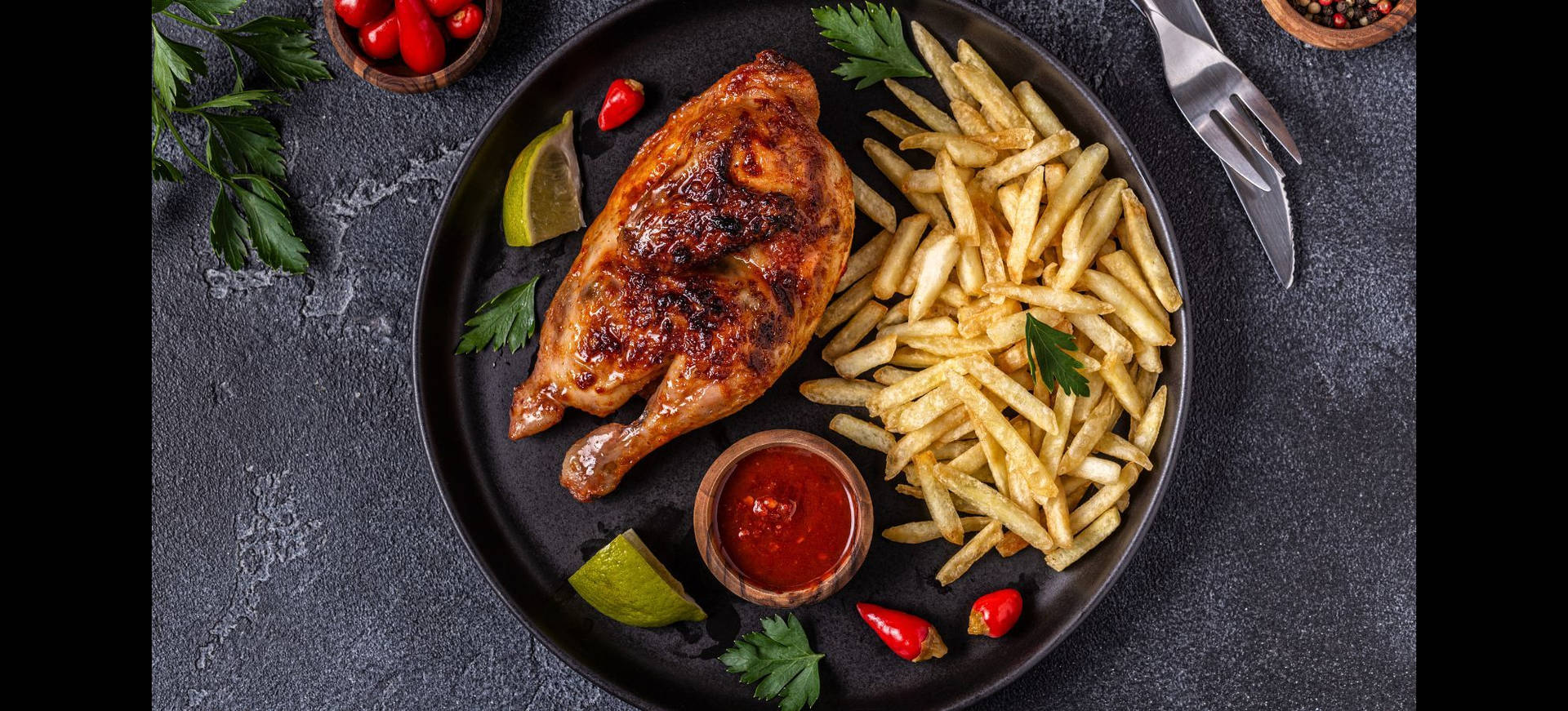 Sizzling Half-roasted Peri Peri Chicken With French Fries