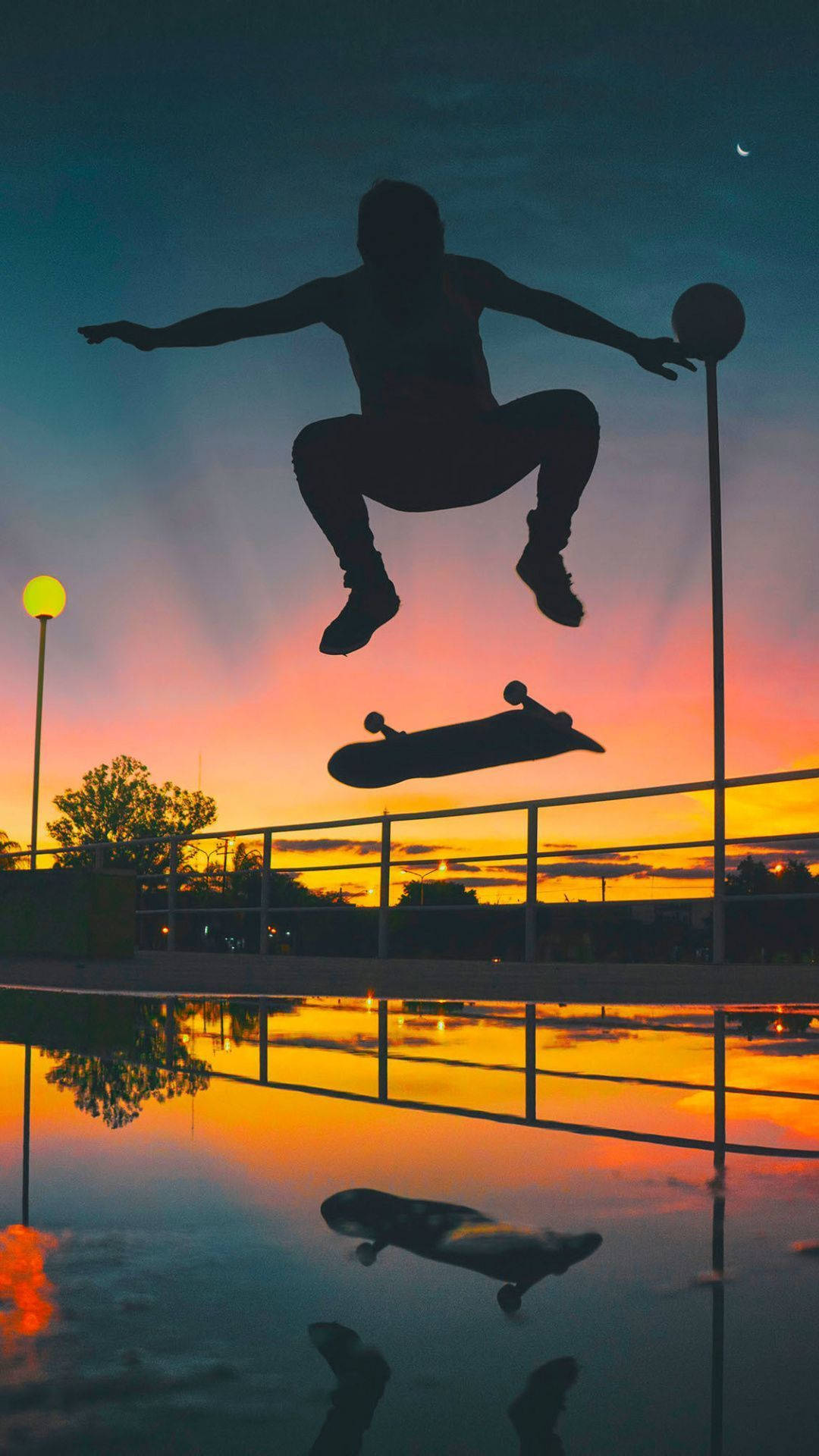 Skater Aesthetic Stunt Silhouette At Sunset Tropical Vibe Background