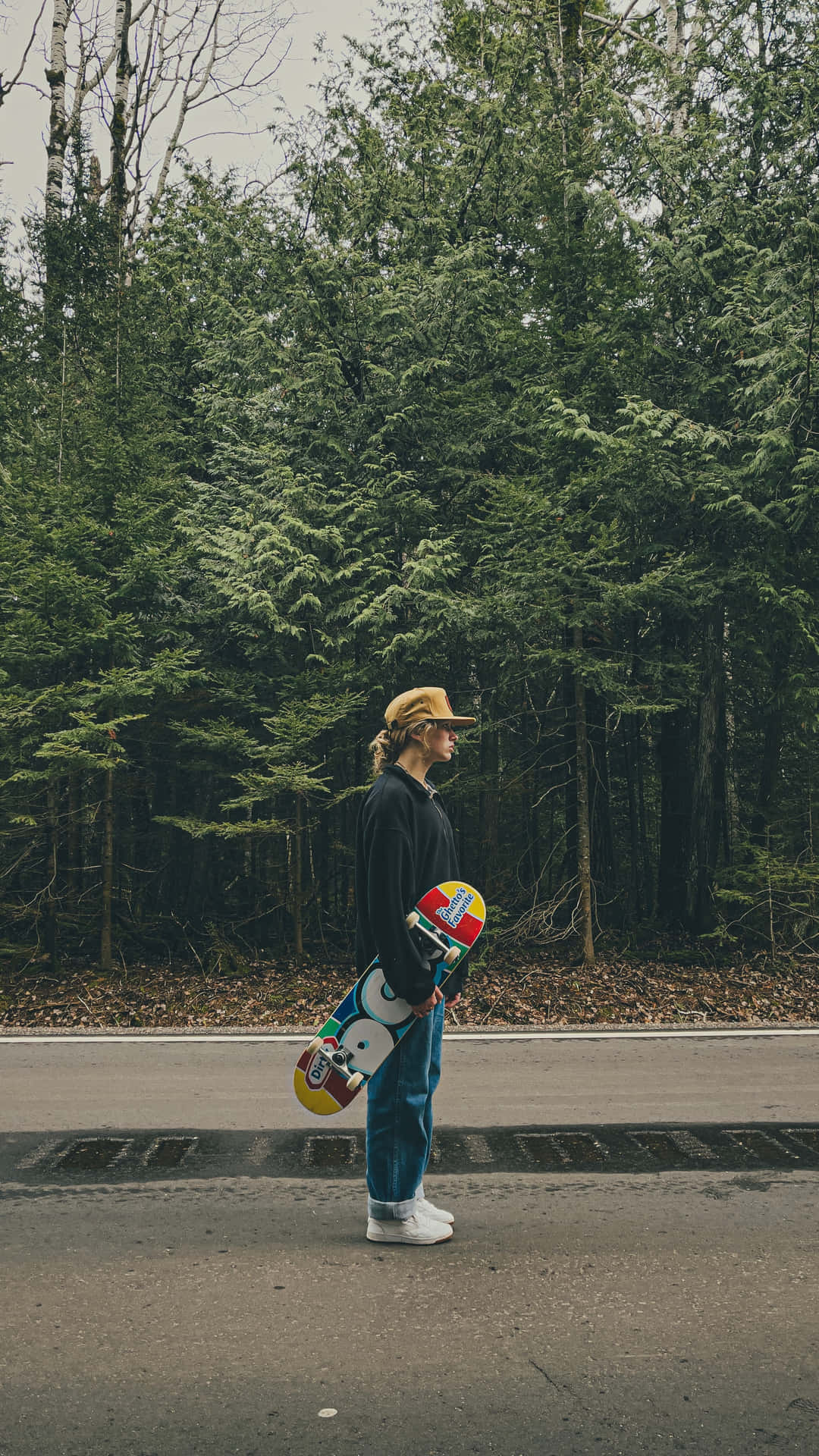 Skater Girl Aesthetic Standing By The Forest Background