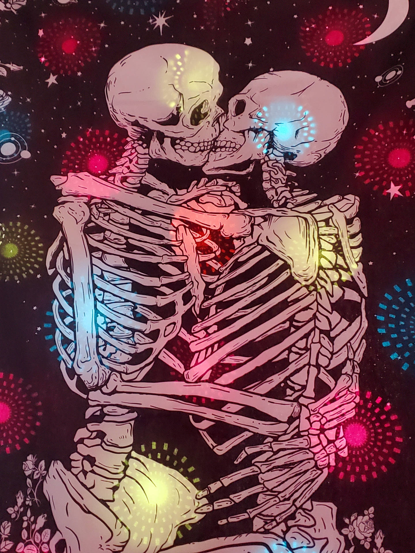 Skeleton Love Surrounded By Fireworks Background