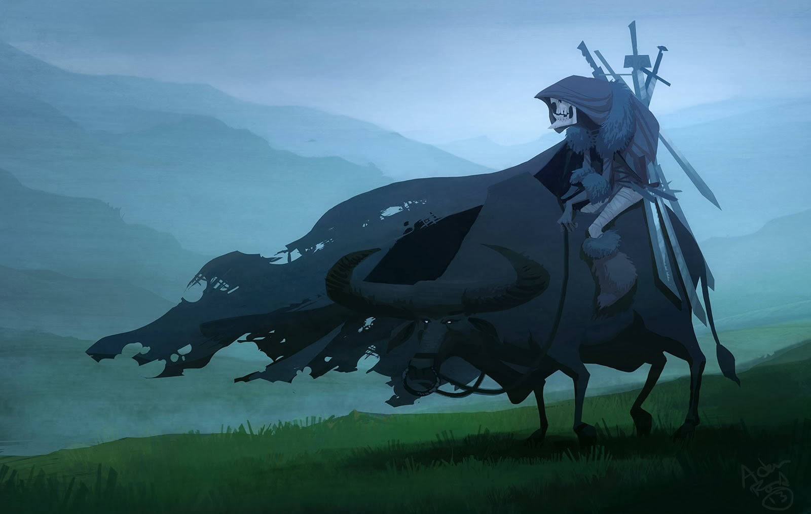 Skeleton Riding A Buffalo Background