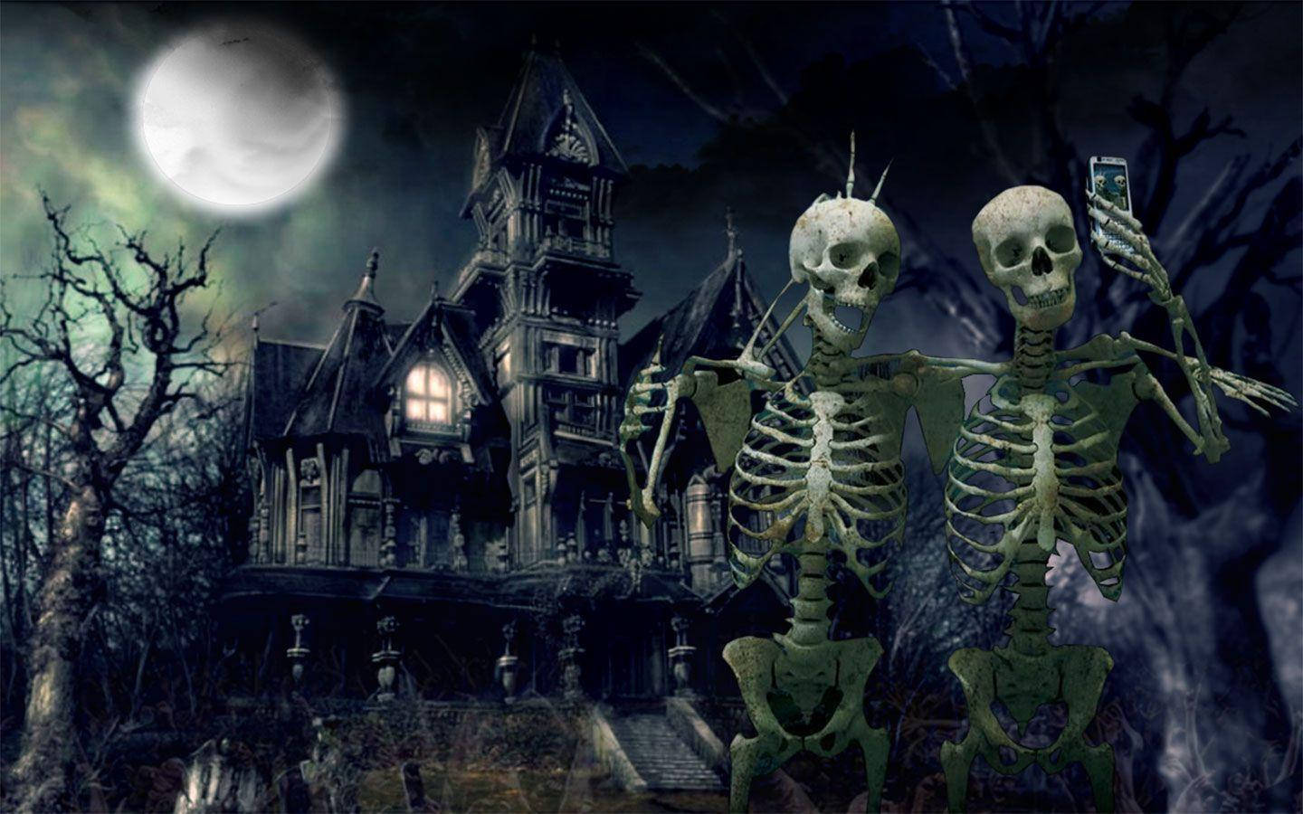 Skeleton Selfie Outside Haunted House Background