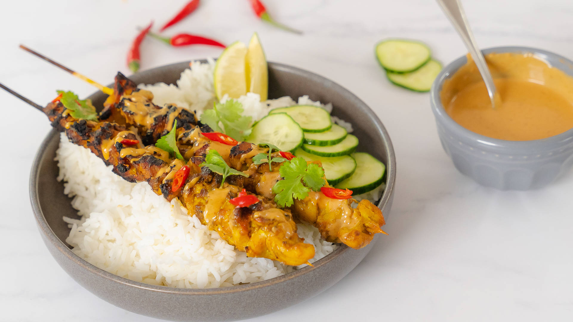 Skewered Chicken Satay Southeast Asian Dish With Rice Background