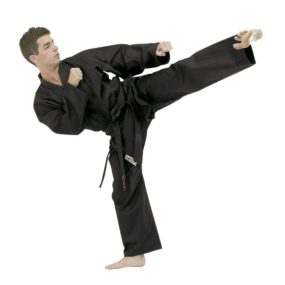 Skillful Hapkido Practitioner Exhibiting Solid Side Kick In Black Uniform Background