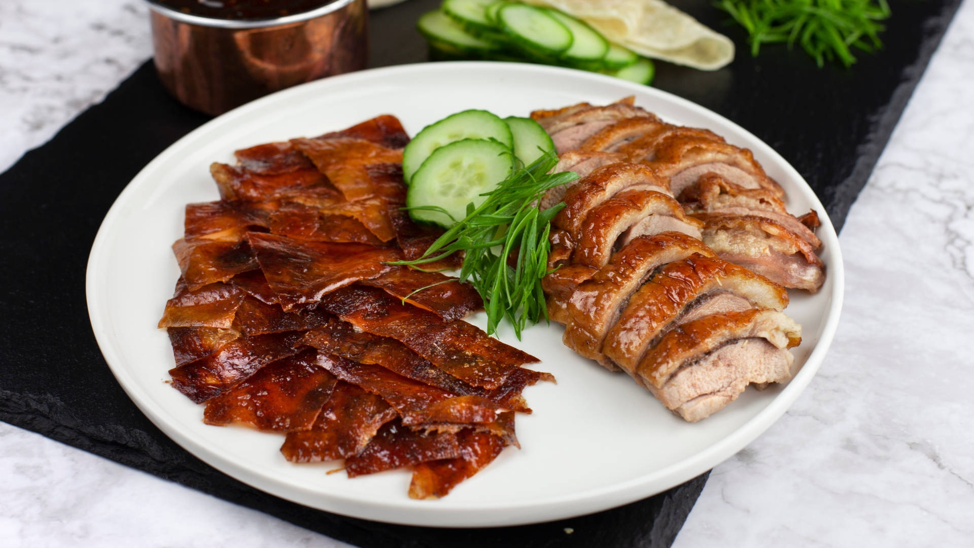 Skinned Roasted Peking Duck With Cucumber Background