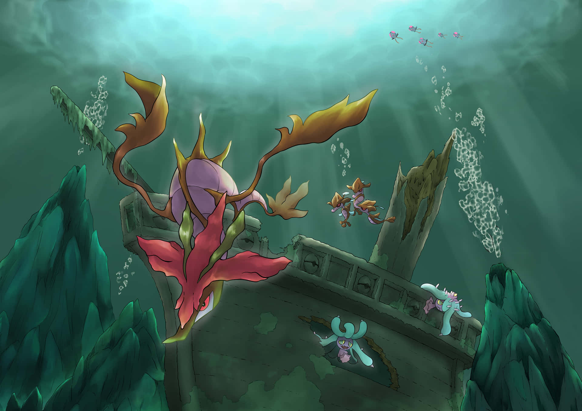 Skrelp And Dragalge Discovering Shipwreck Background