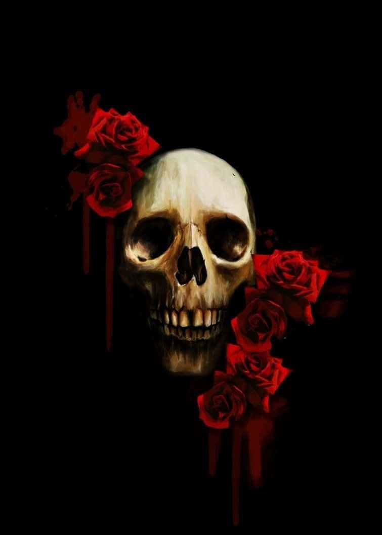 Skull With Roses And Blood On A Black Background Background