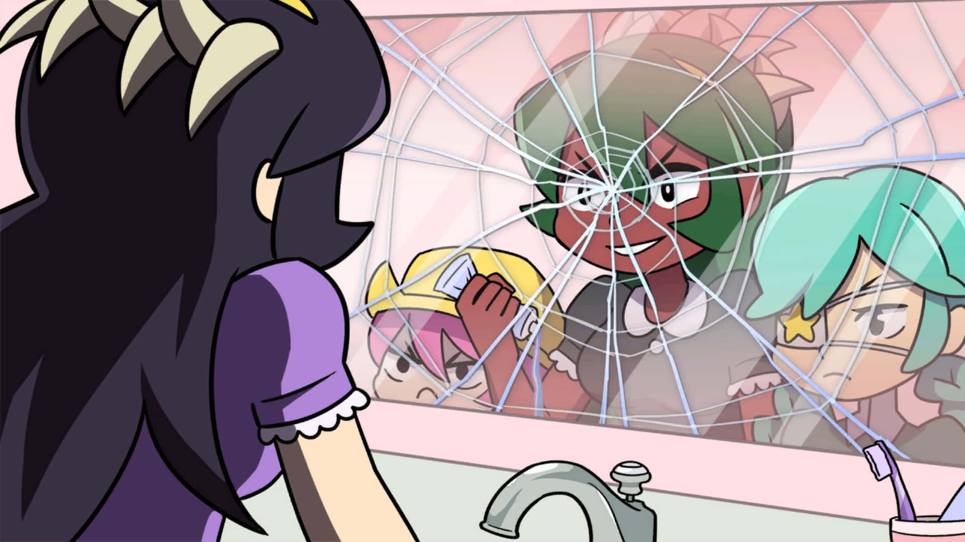 Skullgirls Filia Looking At Cracked Mirror