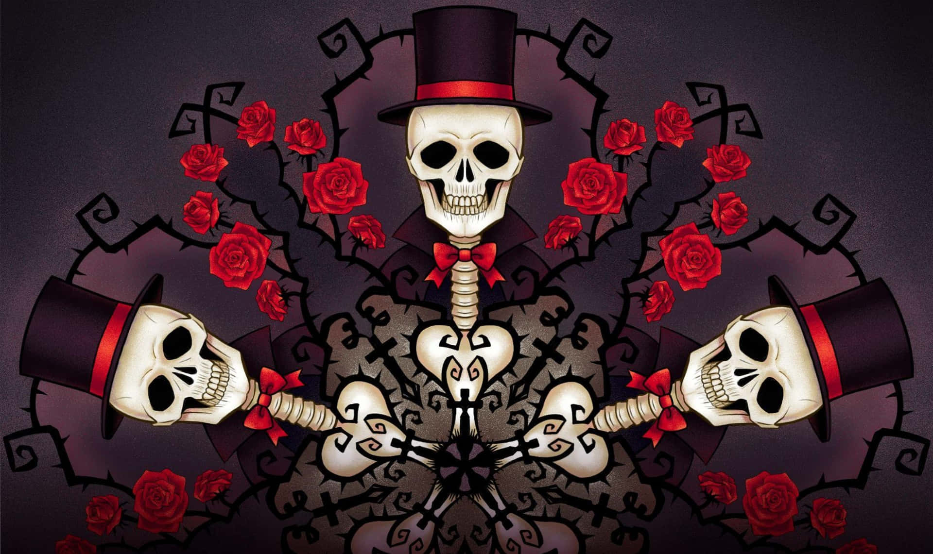 Skulls In Top Hats And Roses Background