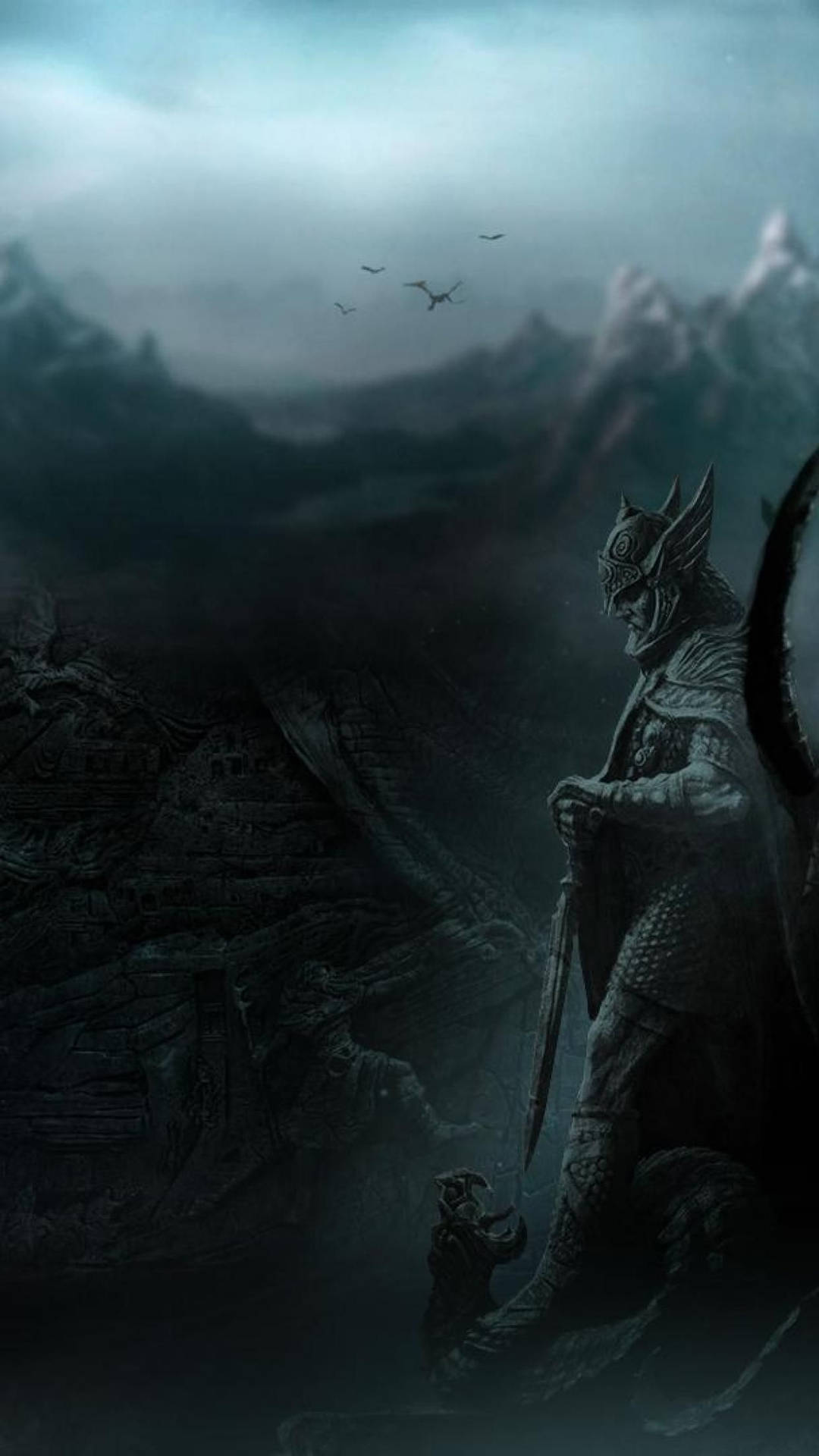 Skyrim 4k Dragonborn Statue Holding A Sword Background