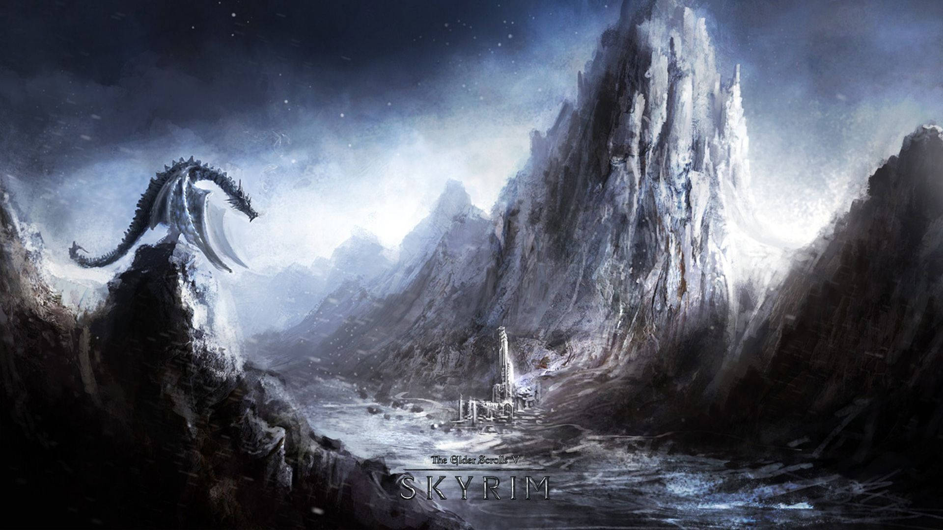 Skyrim Dragon On Mountain Background