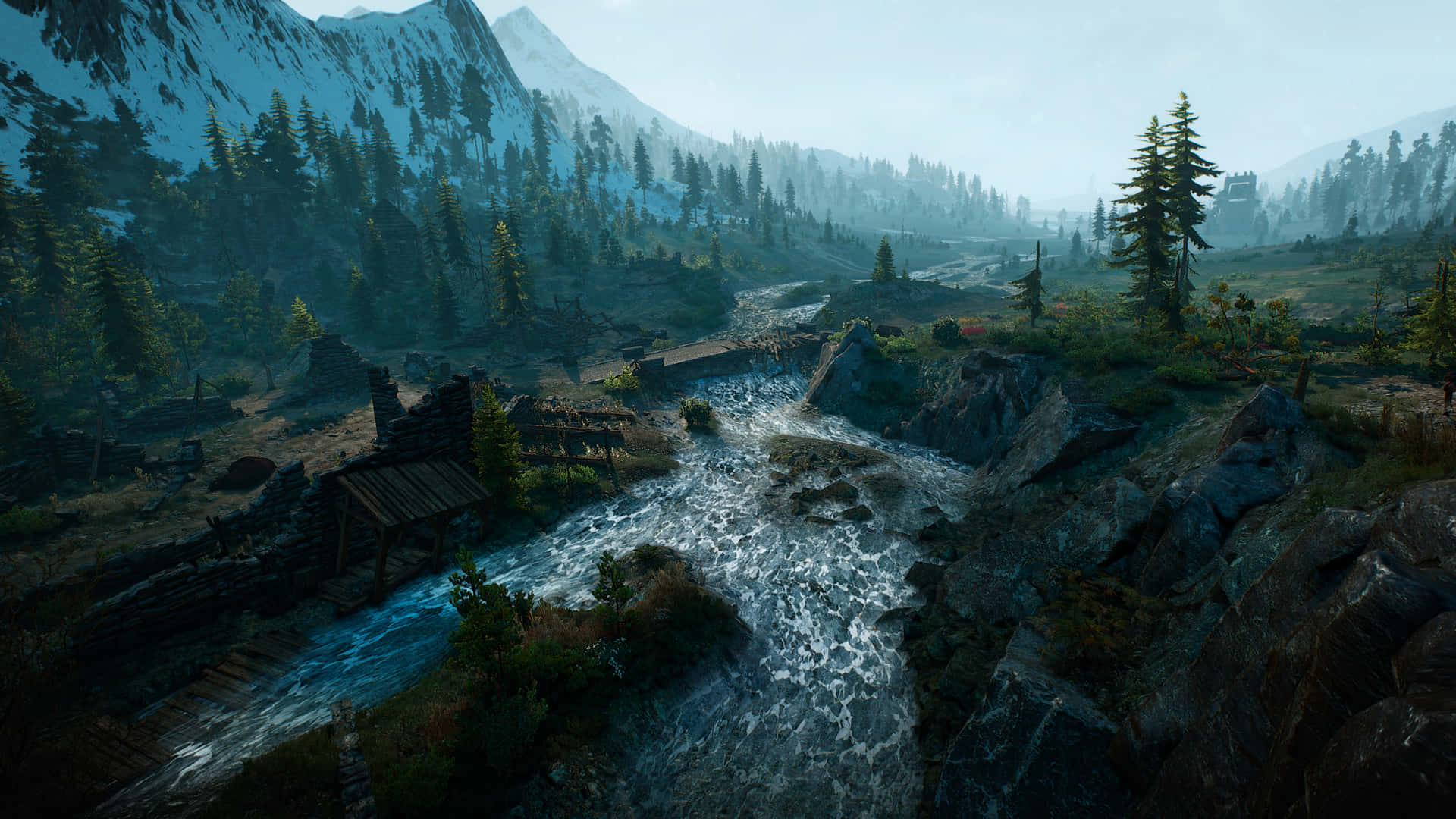 Skyrim Flowing River On Mountain Landscape Background