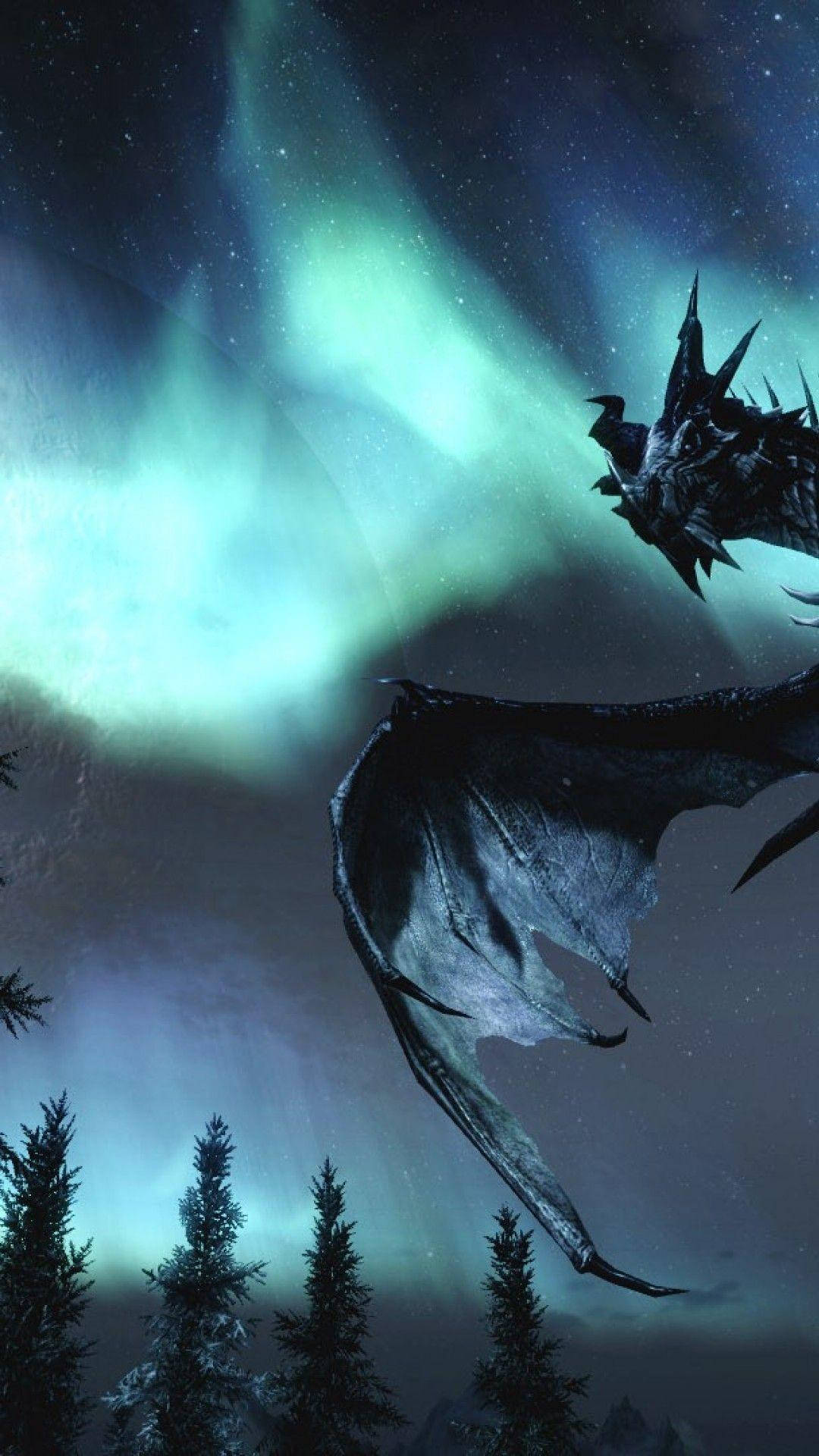 Skyrim Iphone Dragon In Night Sky Background