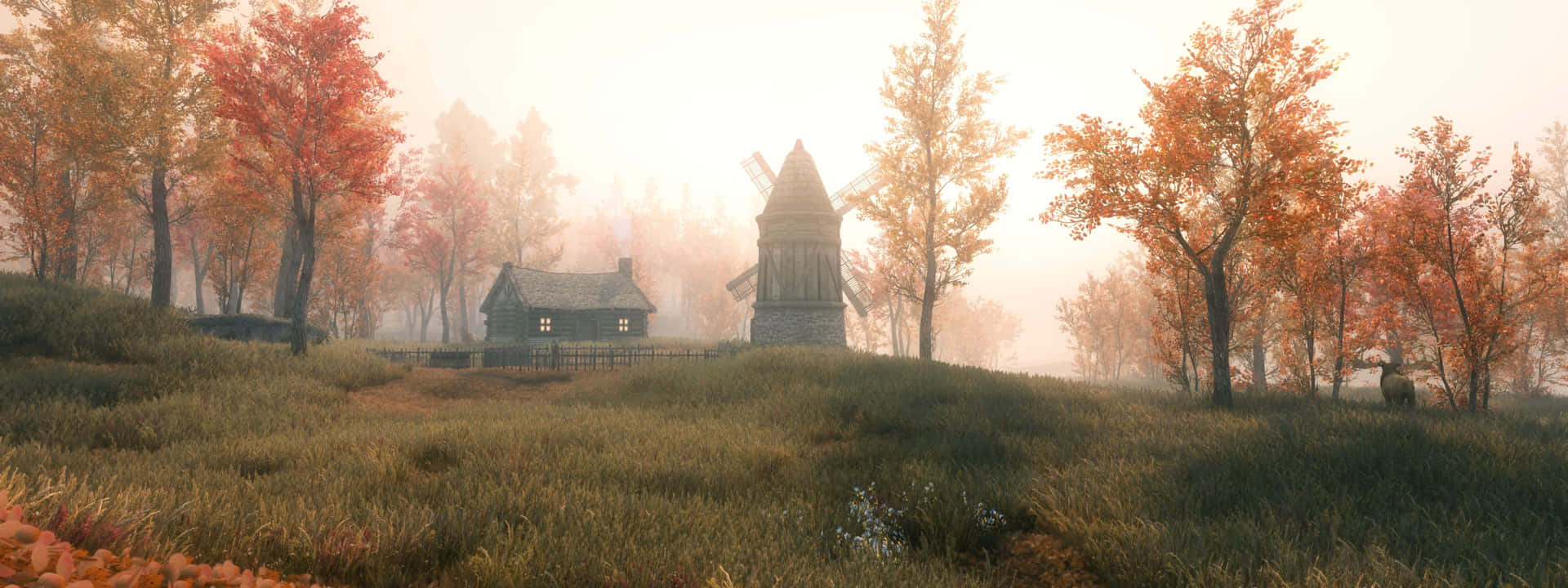 Skyrim Landscape With House And Windmill Background