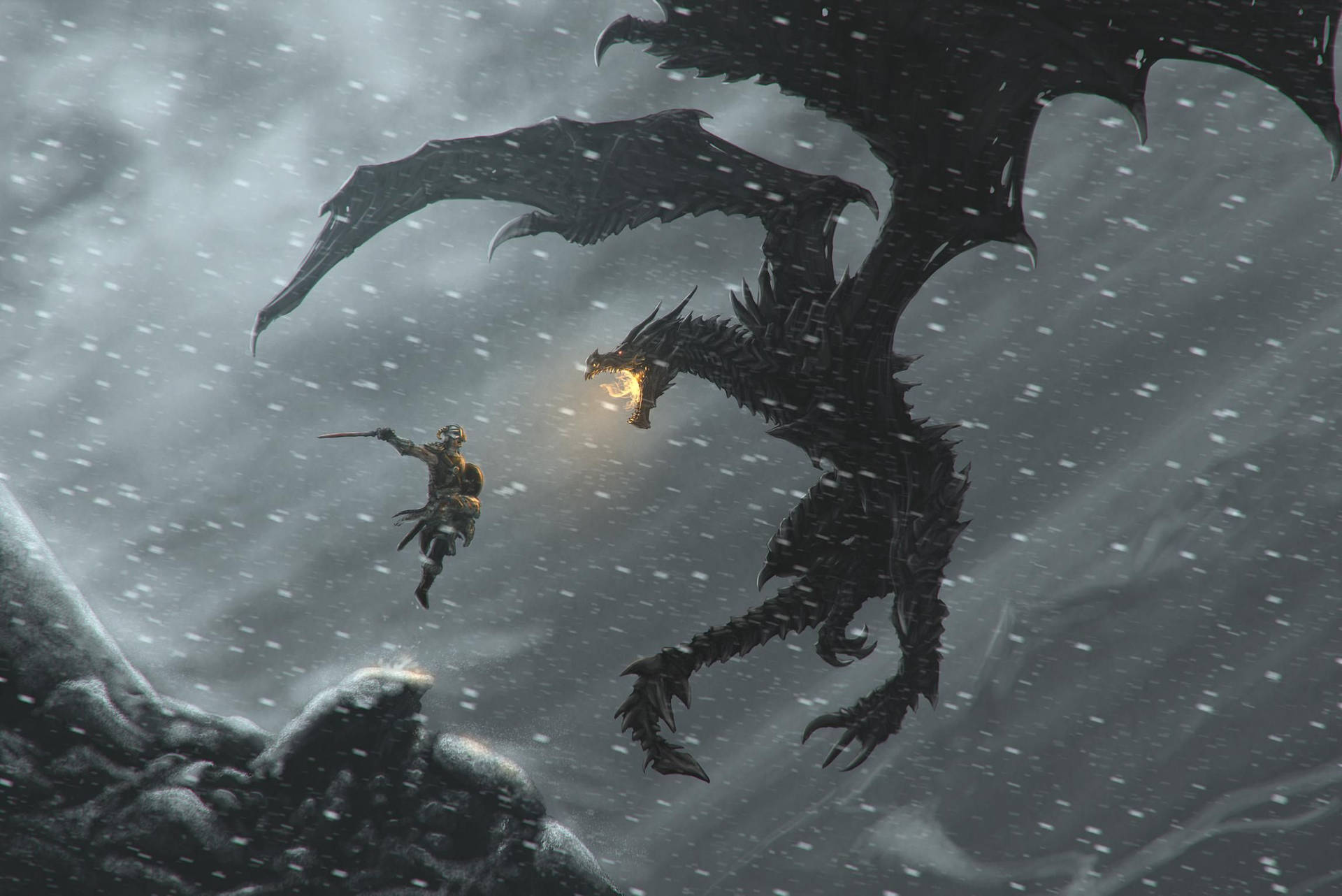 Skyrim Warrior And Dragon Battle Background