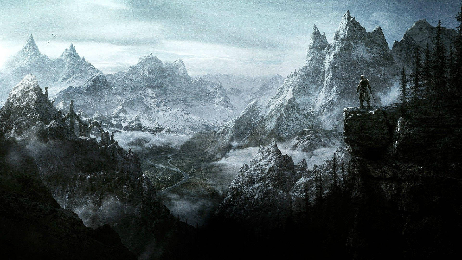 Skyrim Warrior On Mountains Background