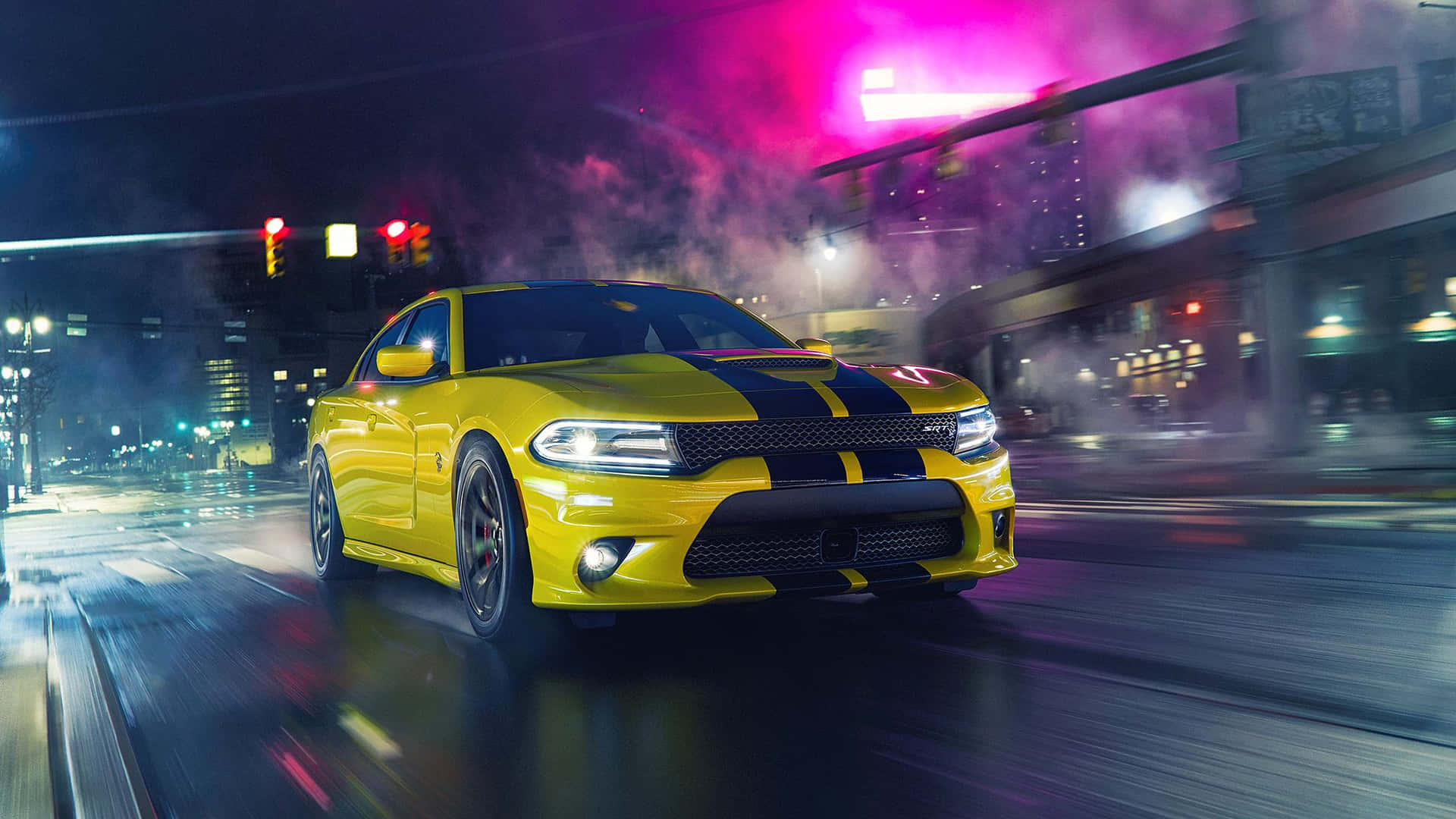 Sleek Dodge Charger Muscle Car In Action Background