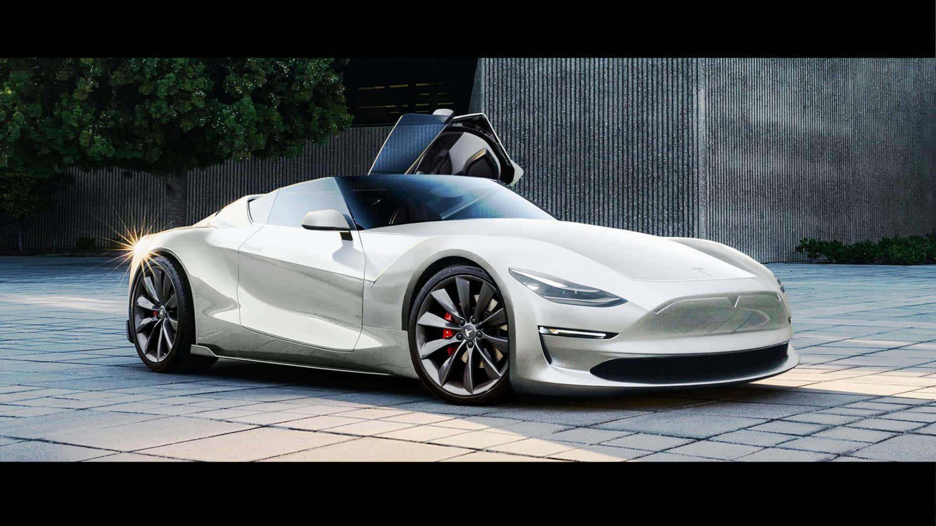 Sleek Tesla Roadster Charging Under City Lights Background