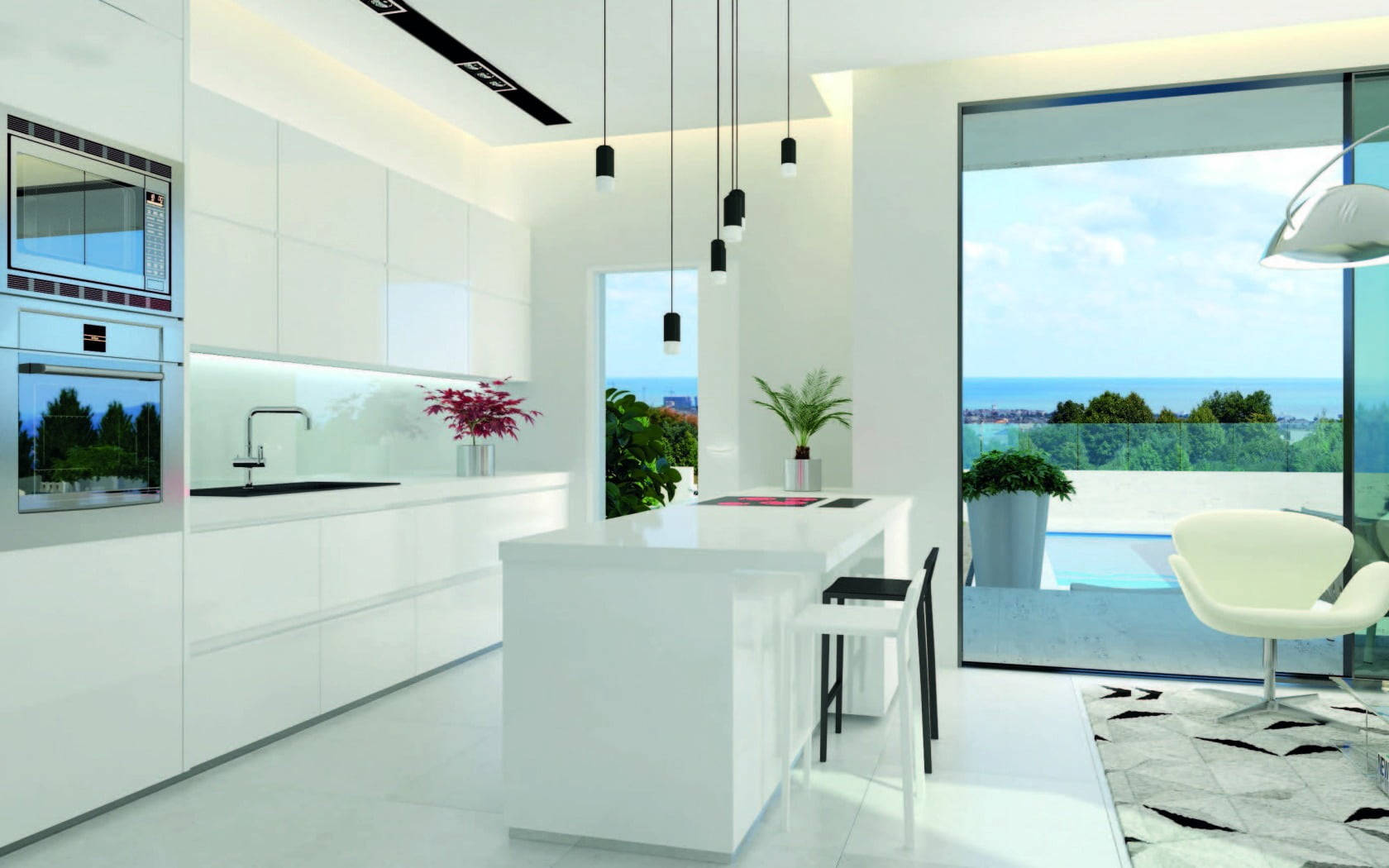 Sleek White Kitchen Design By The Pool