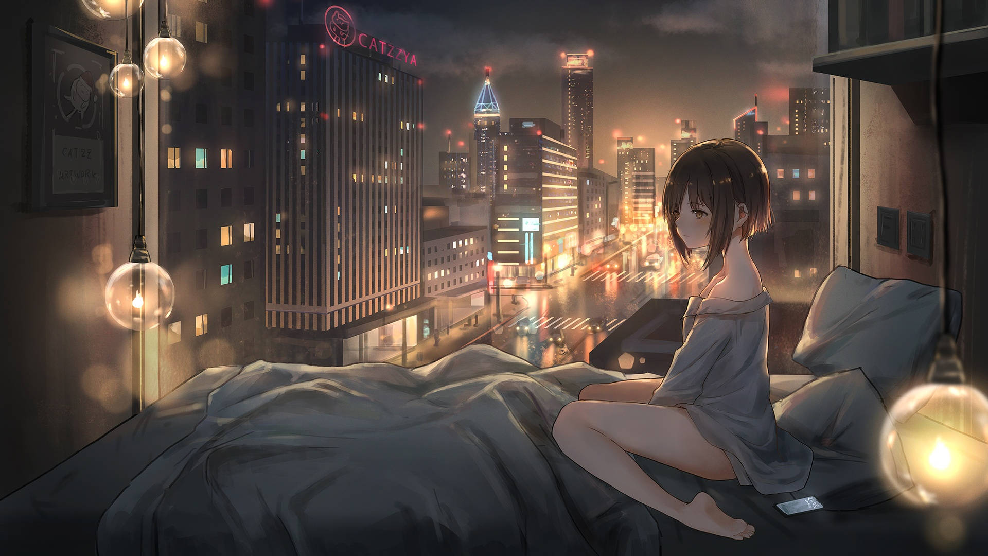 Sleepy Girl And Busy Street City Background Background