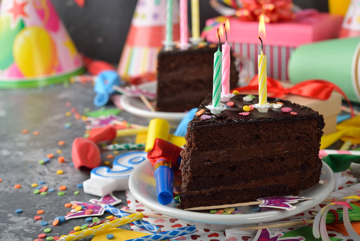 Slice Chocolate Birthday Cake Candles Background