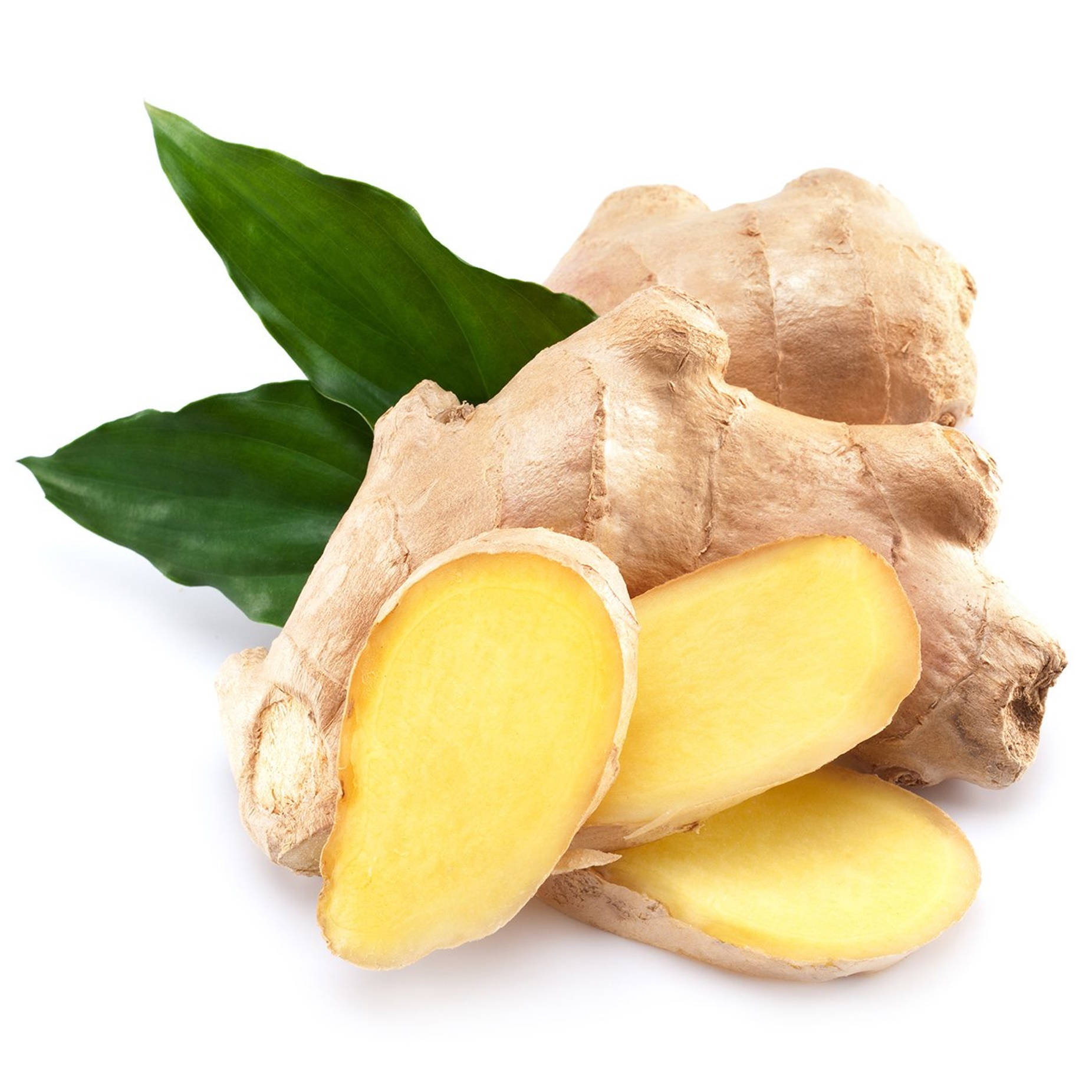 Sliced Ginger Root Vegetables With Leaves Background