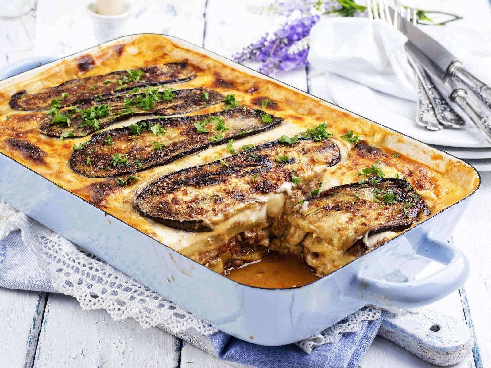 Slices Of Eggplant Topped On Moussaka Background