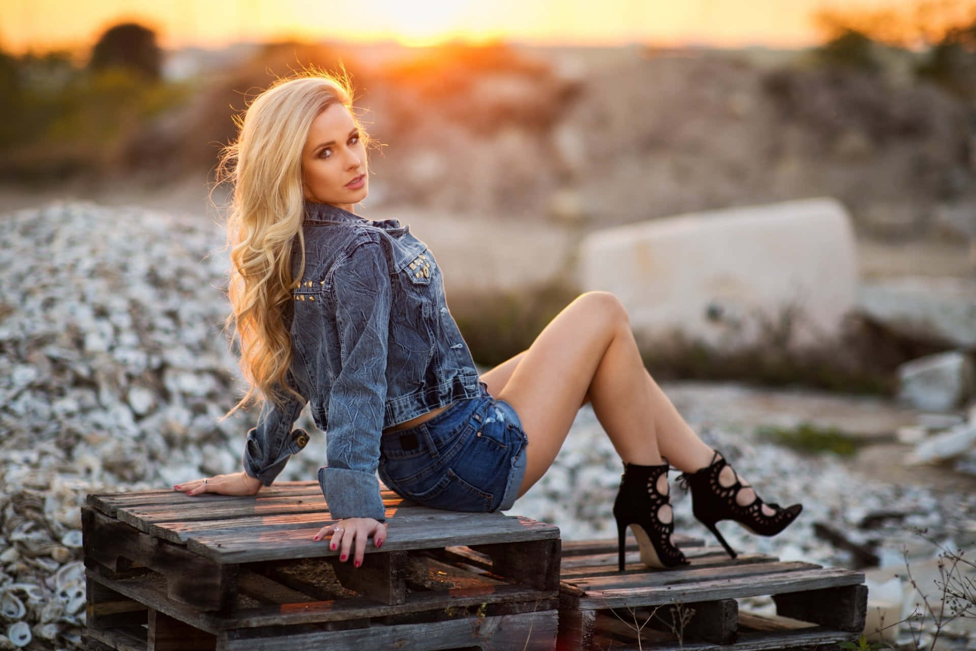Slim Blonde Girl During Sunset Background