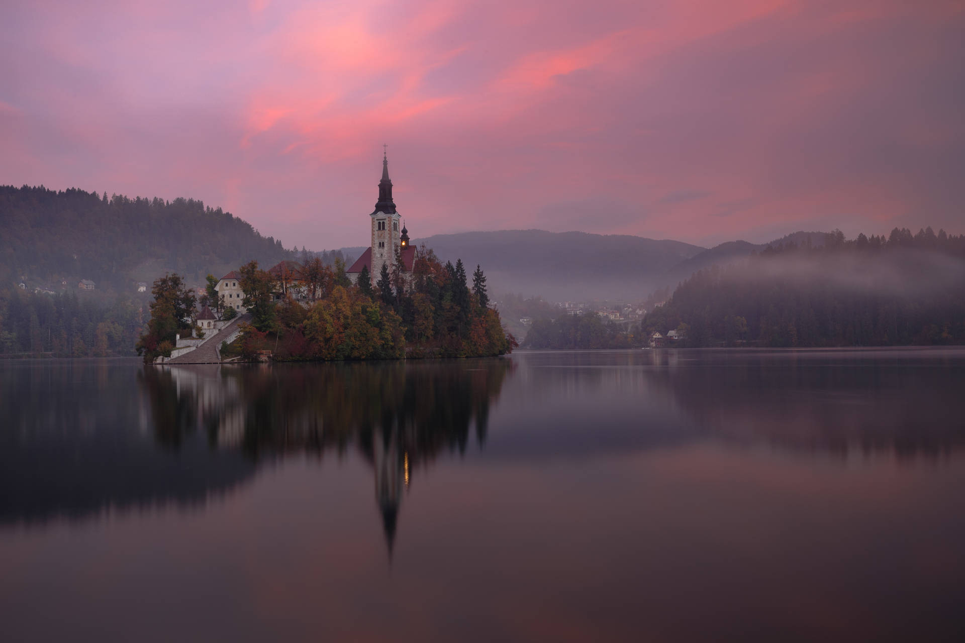 Slovenia Foggy Pink Sunset Background