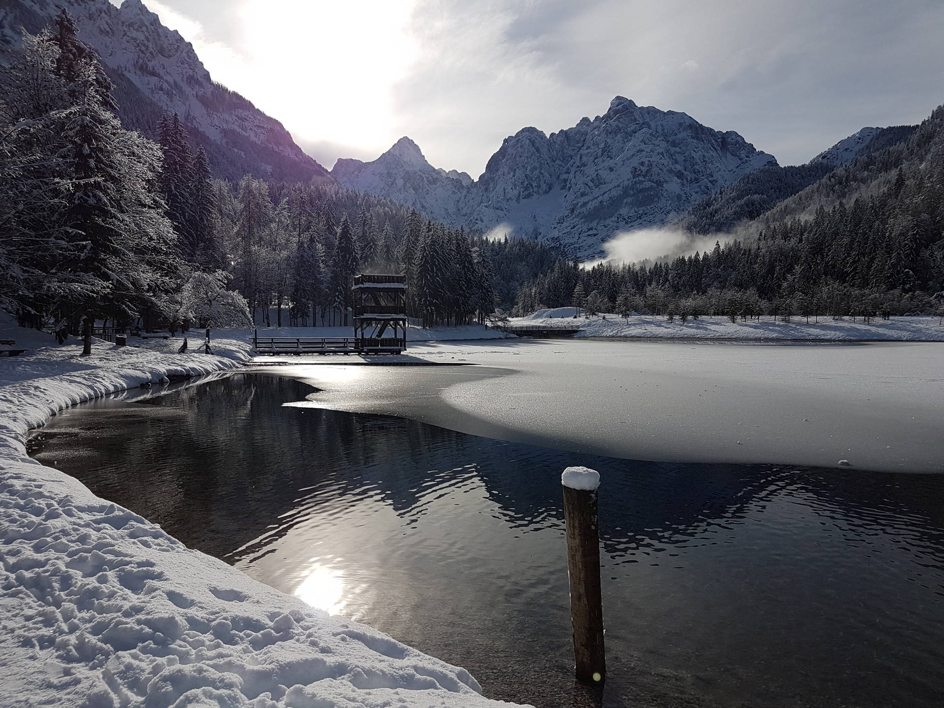 Slovenia Lake Jasna River In Winter Background