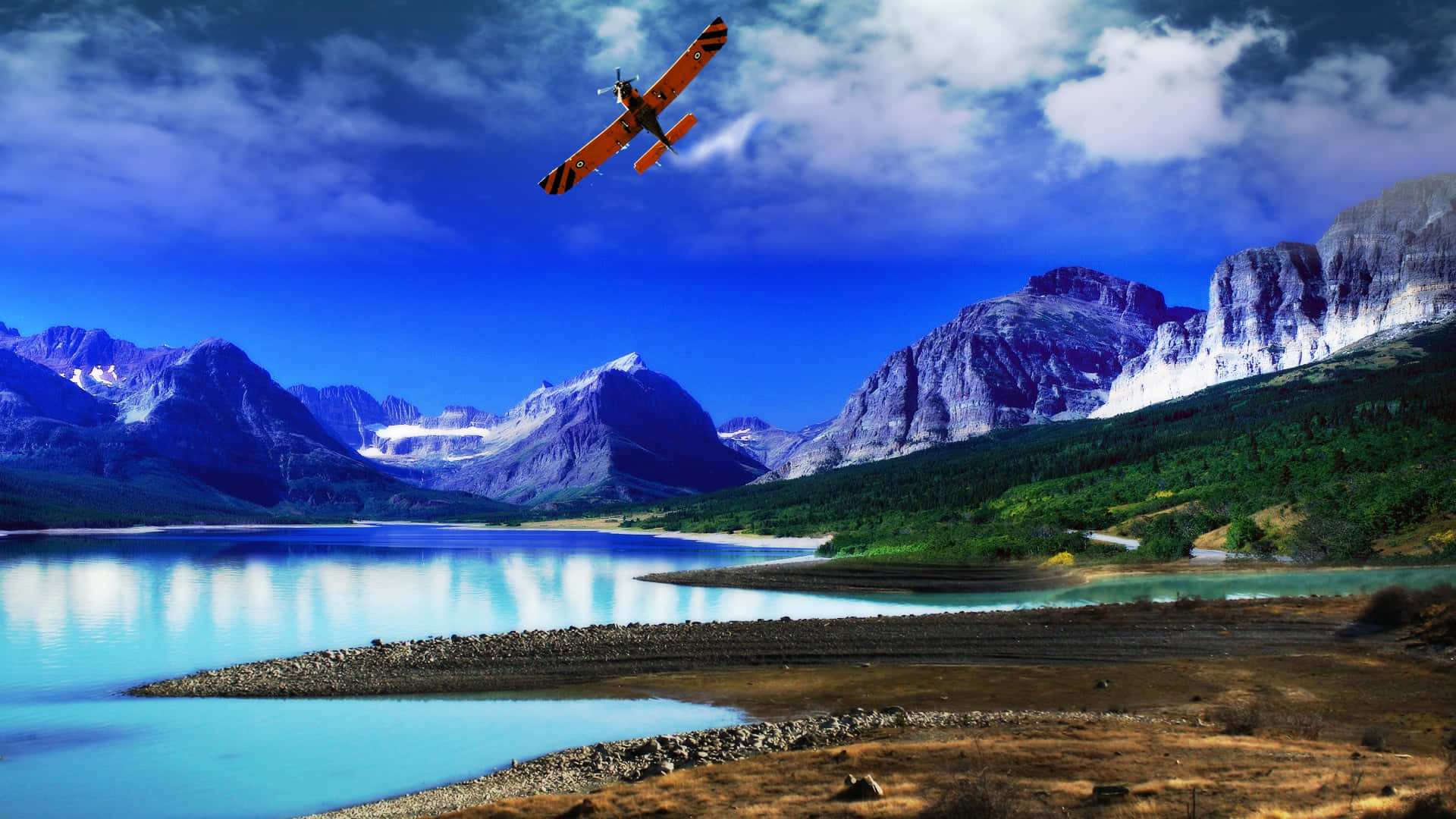 Small Airplane In Red Hover Over Landscape