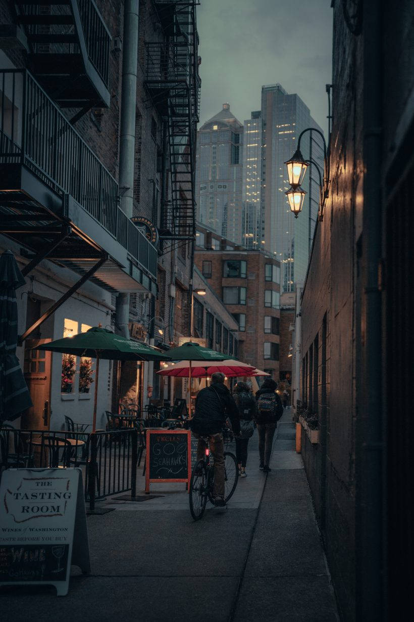 Small Alley Under Seattle Rain Clouds Background