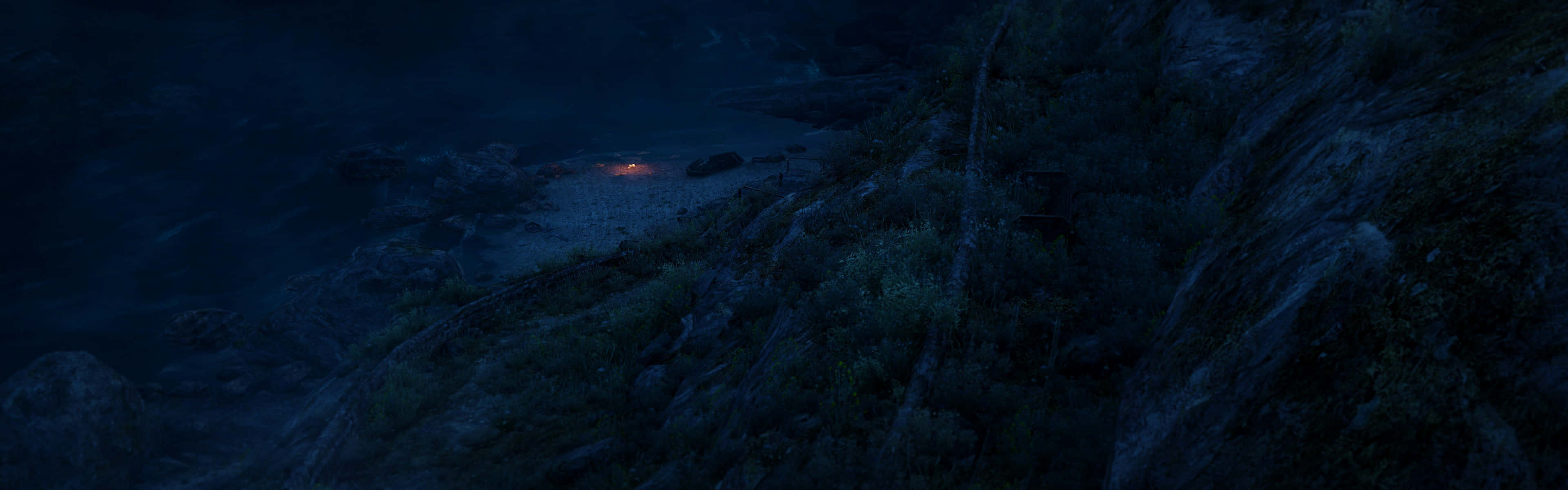 Small Bonfire On Gloomy Forest Dark Triple Monitor Background
