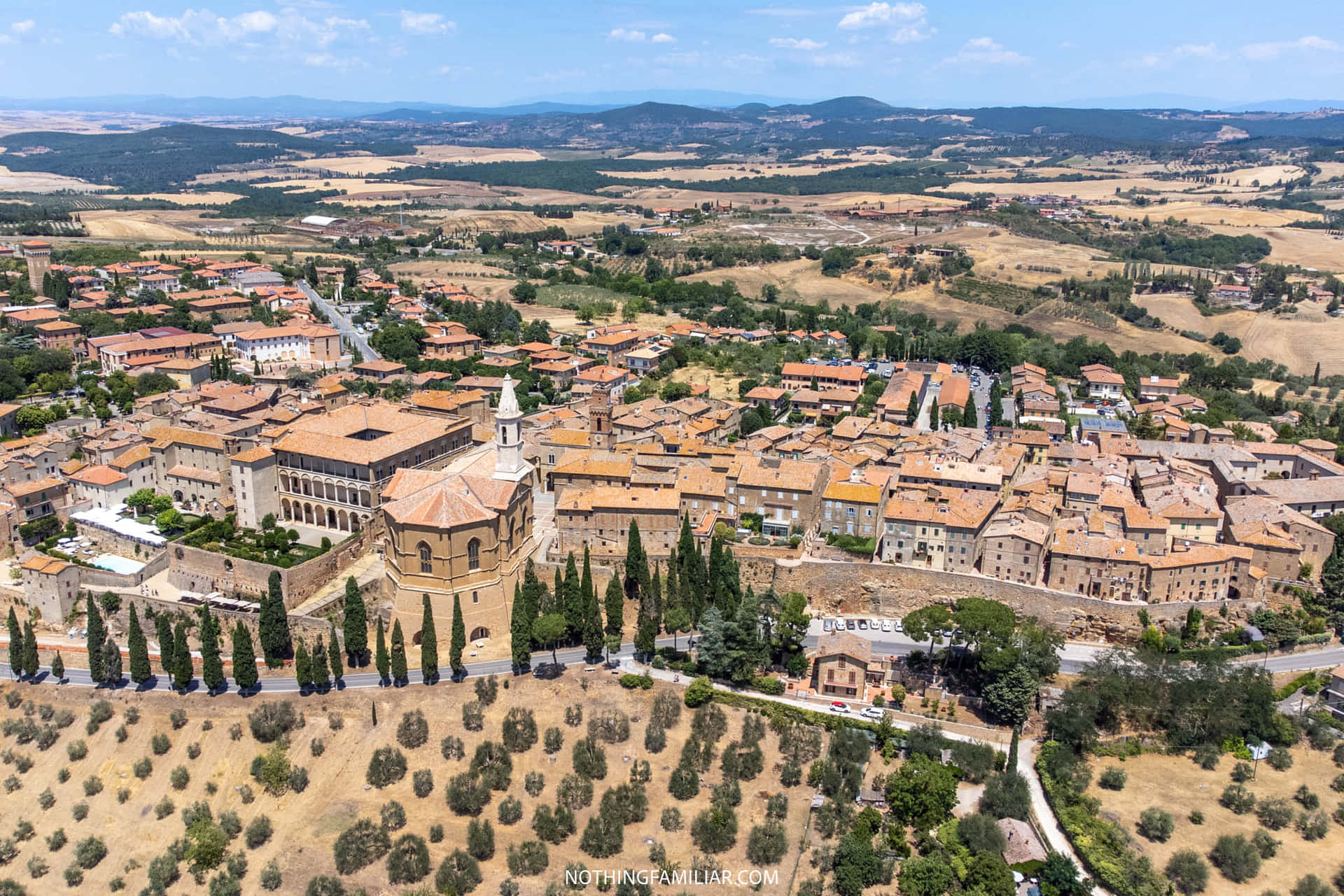 Small Town Pienza Italy Bird's Eye View Shot Background