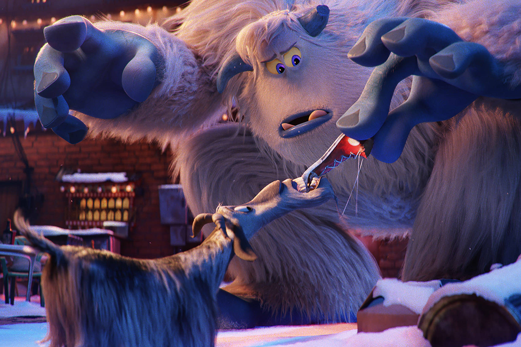Smallfoot Migo Fighting With Goat Background