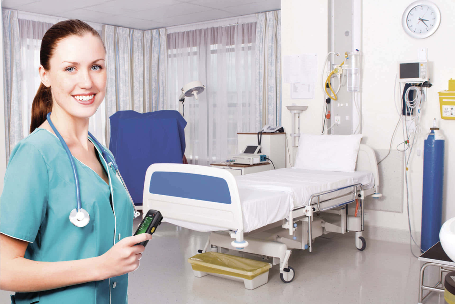 Smiling Doctor Against Hospital Bed Background