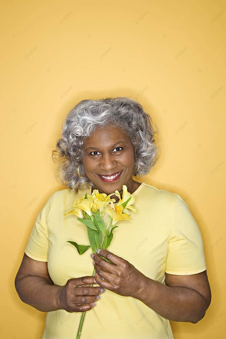 Smiling Middle Aged Woman Yellow Backdrop