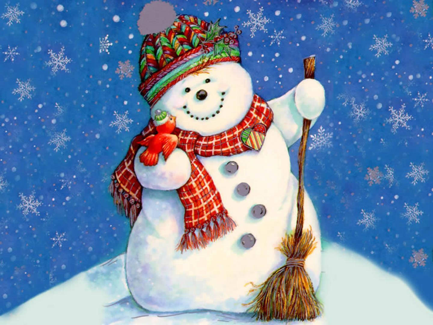 Smiling Snowman In Winter Wonderland Background