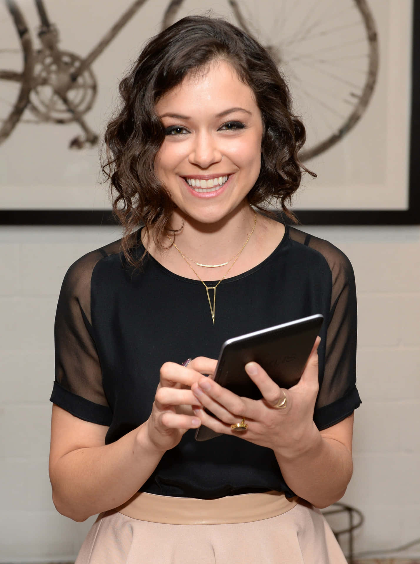 Smiling Woman Holding Tablet Background