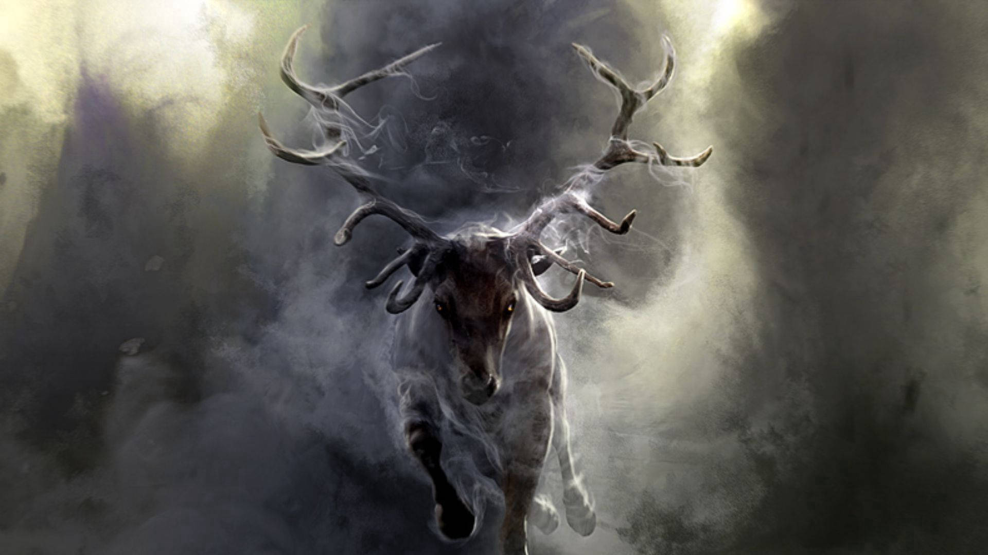 Smokey Deer With Big Horns Running Background