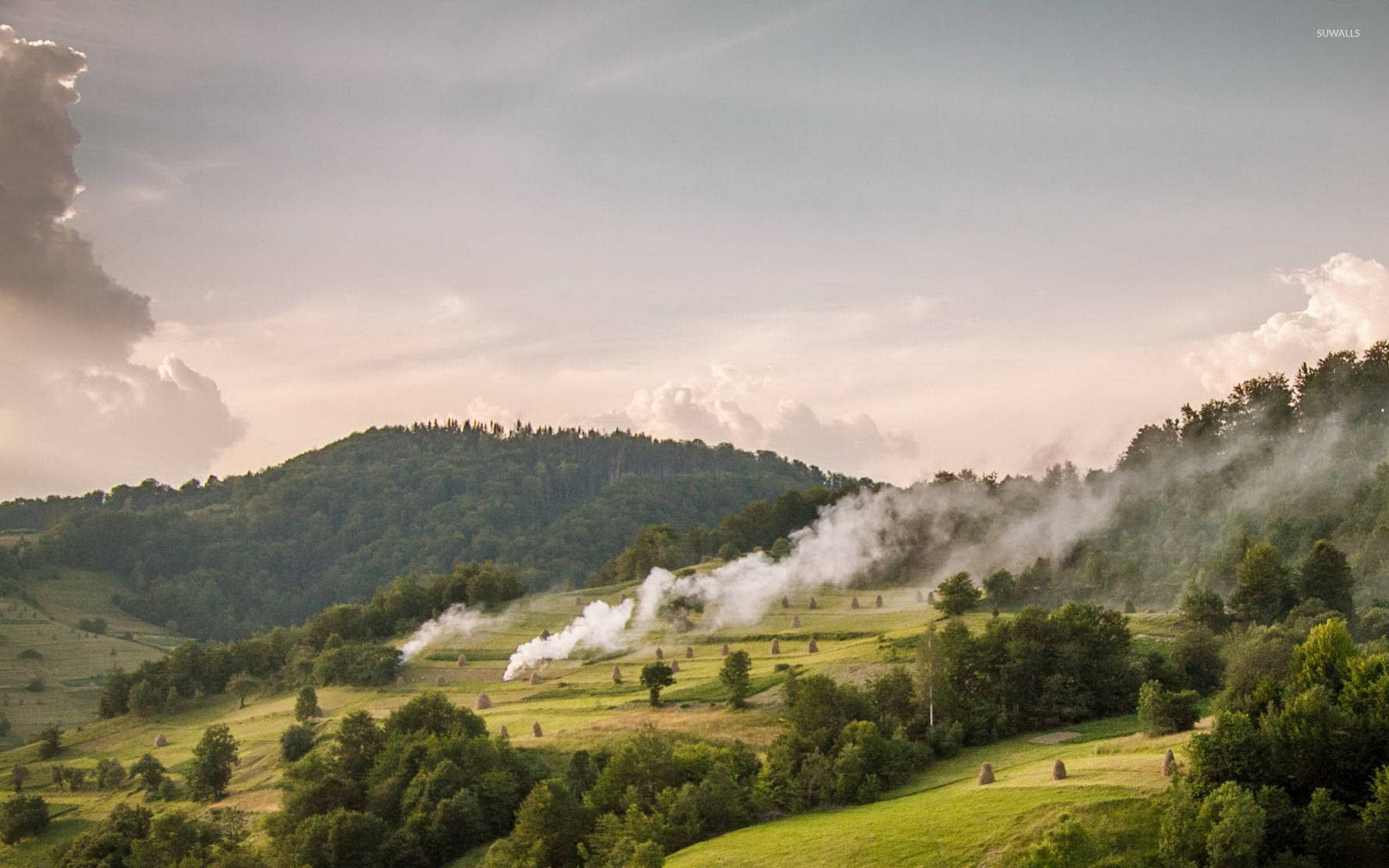 Smoky Mountains Green Fields White Smoke Background