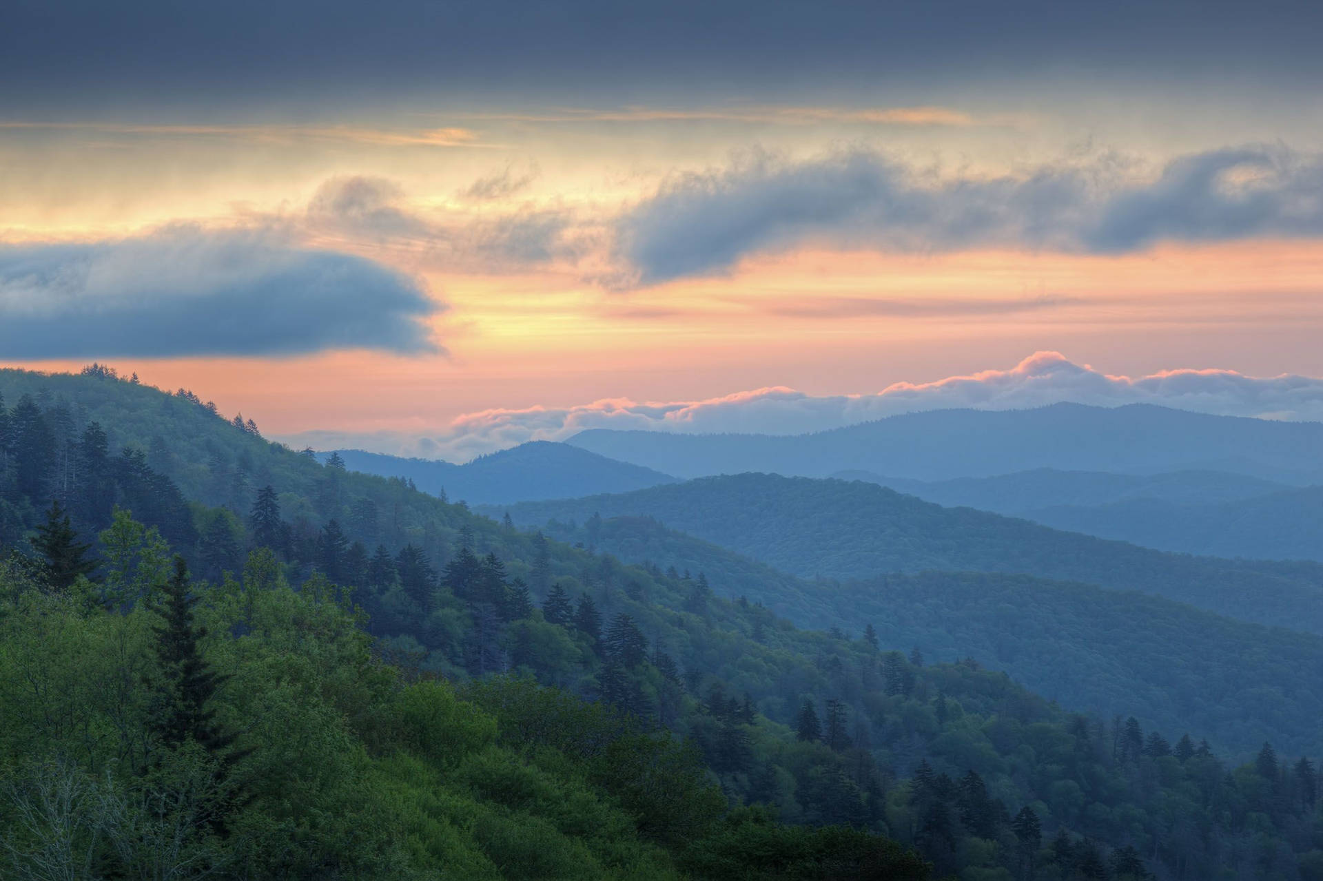 Smoky Mountains With Soft Sunset Background