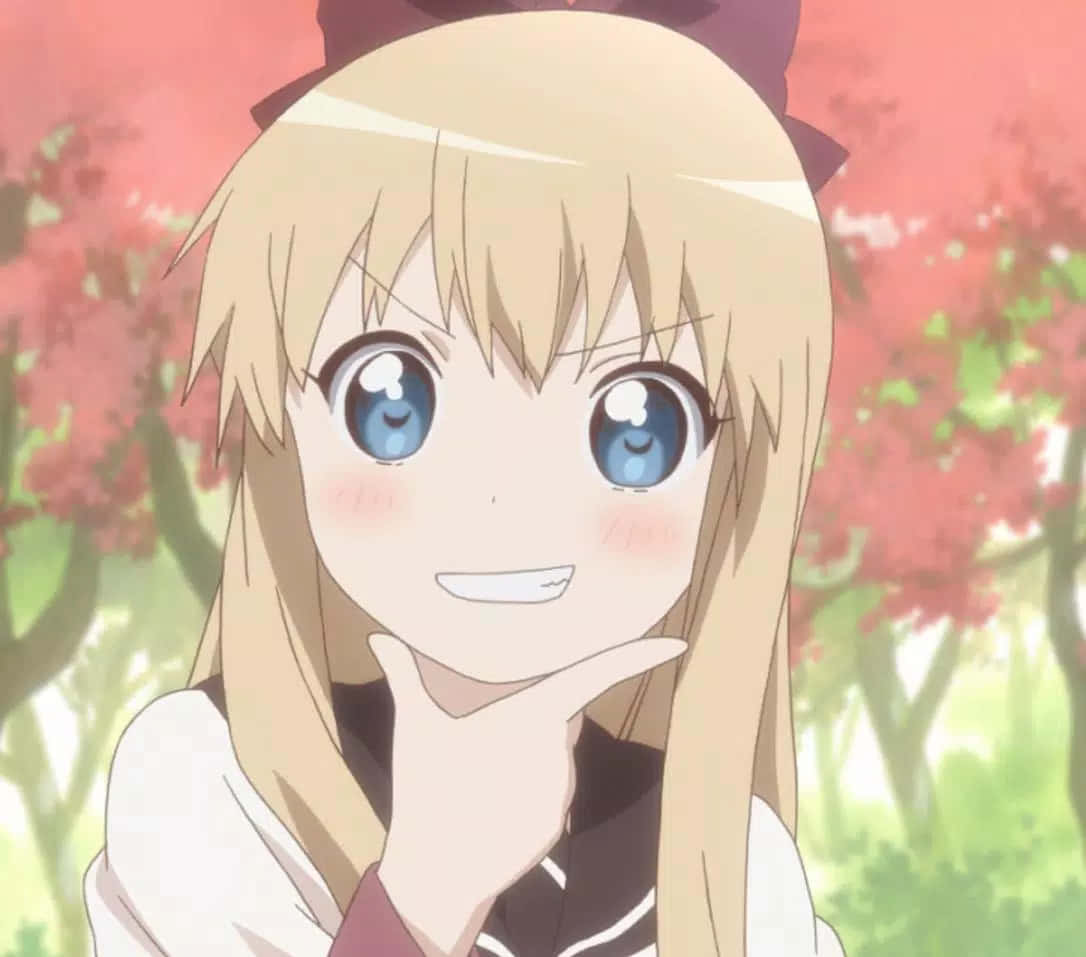Smug Face Of The Cute Anime Against The Sakura Tree Background