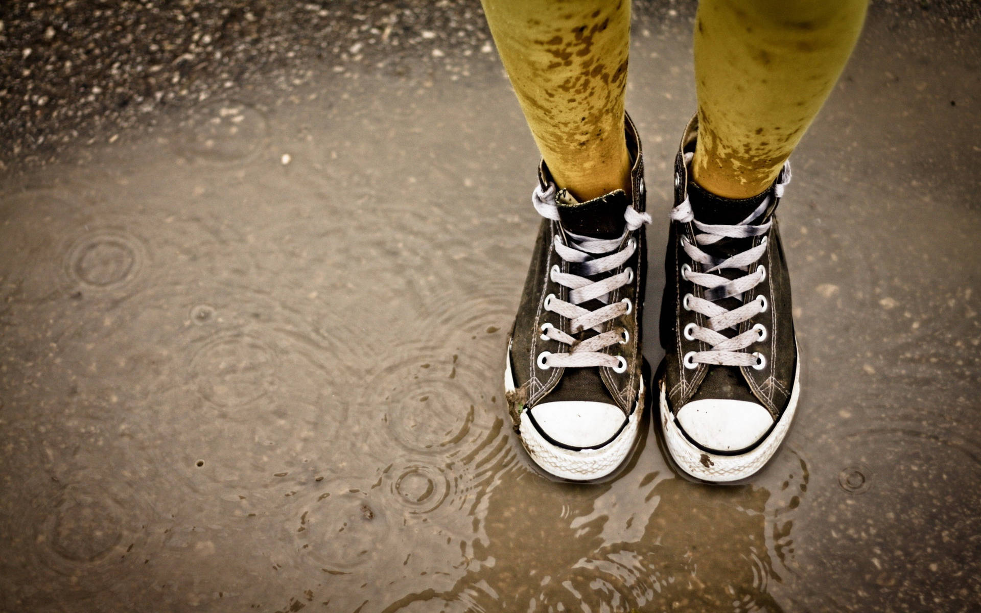 Sneaker On Rain Puddle Background