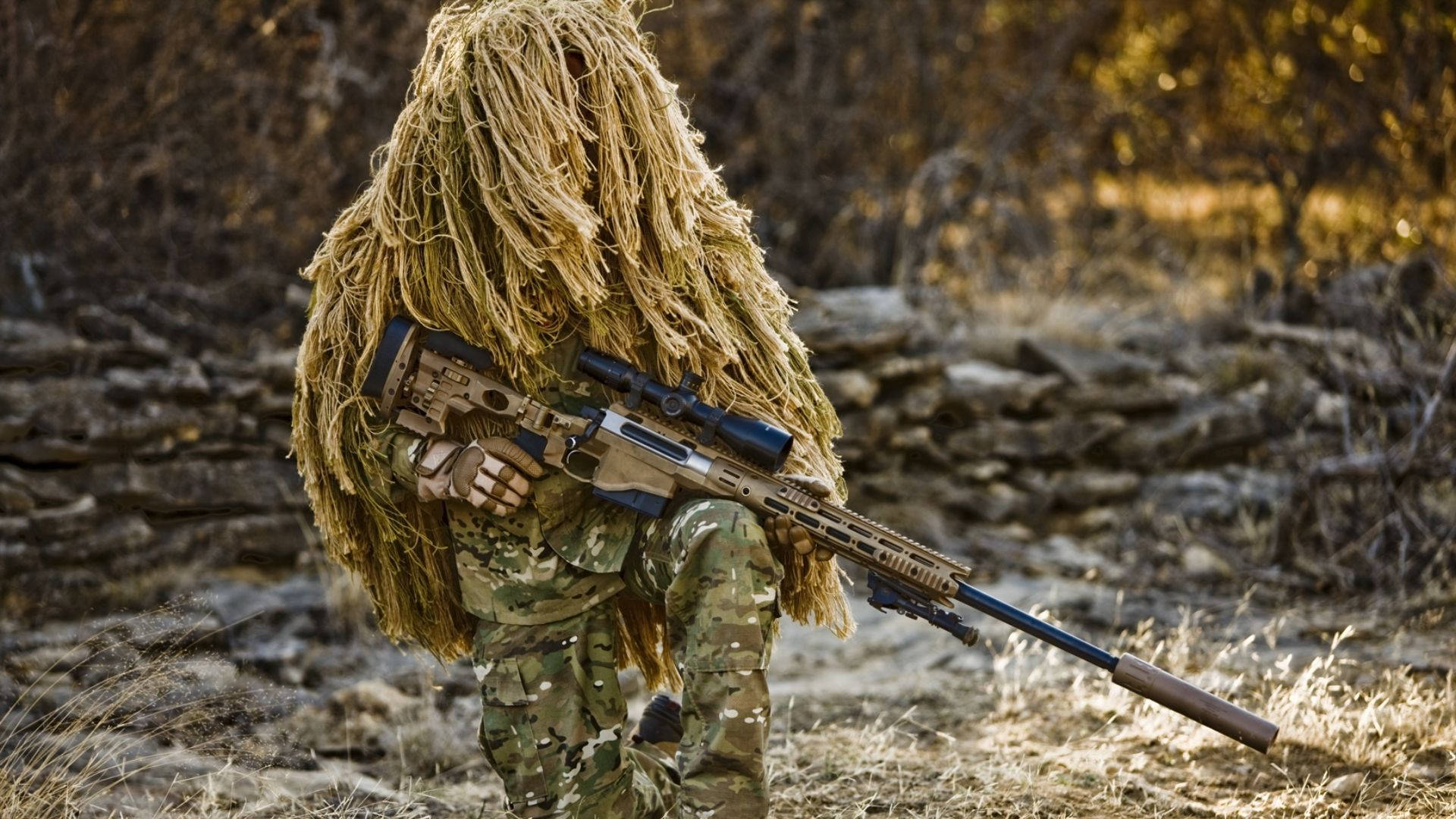 Sniper In Full Camouflage Background