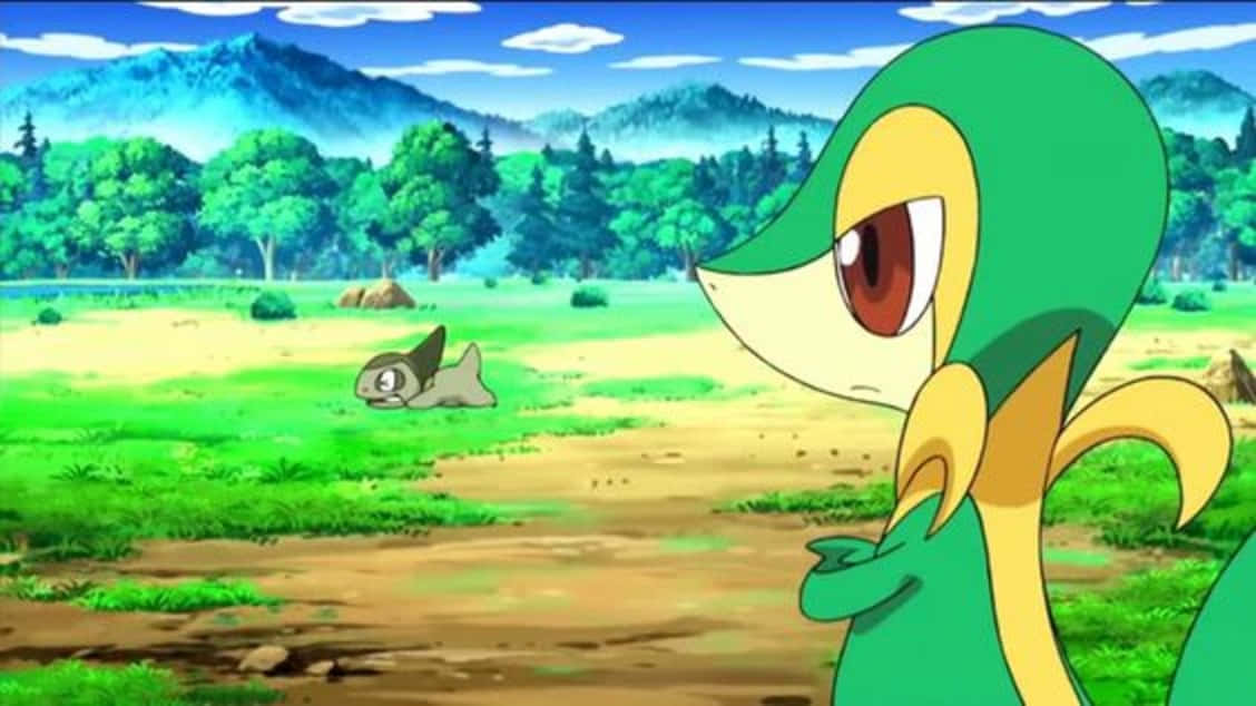 Snivy Engages With Axew In A Pokemon Adventure Background