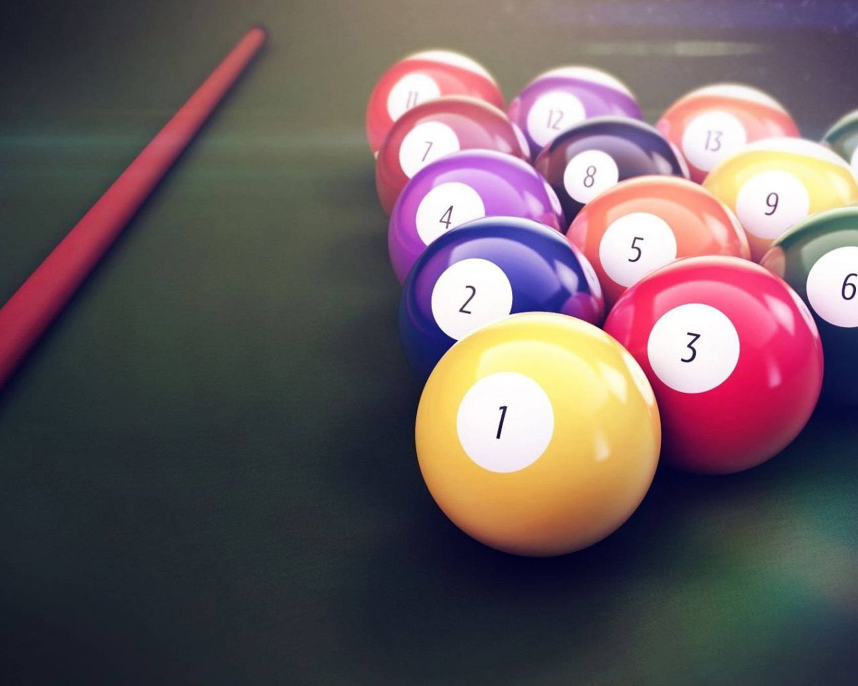 Snooker Game Play: Red Cue Stick And Snooker Balls Background