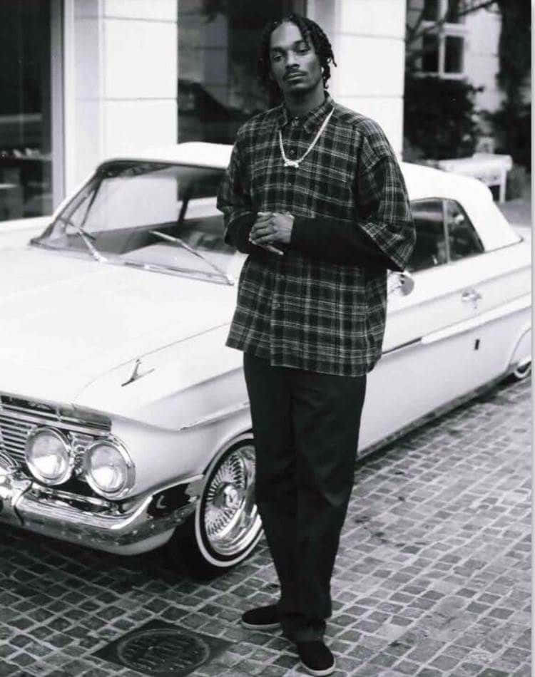 Snoop Dogg Standing Next To A Classic Car Background